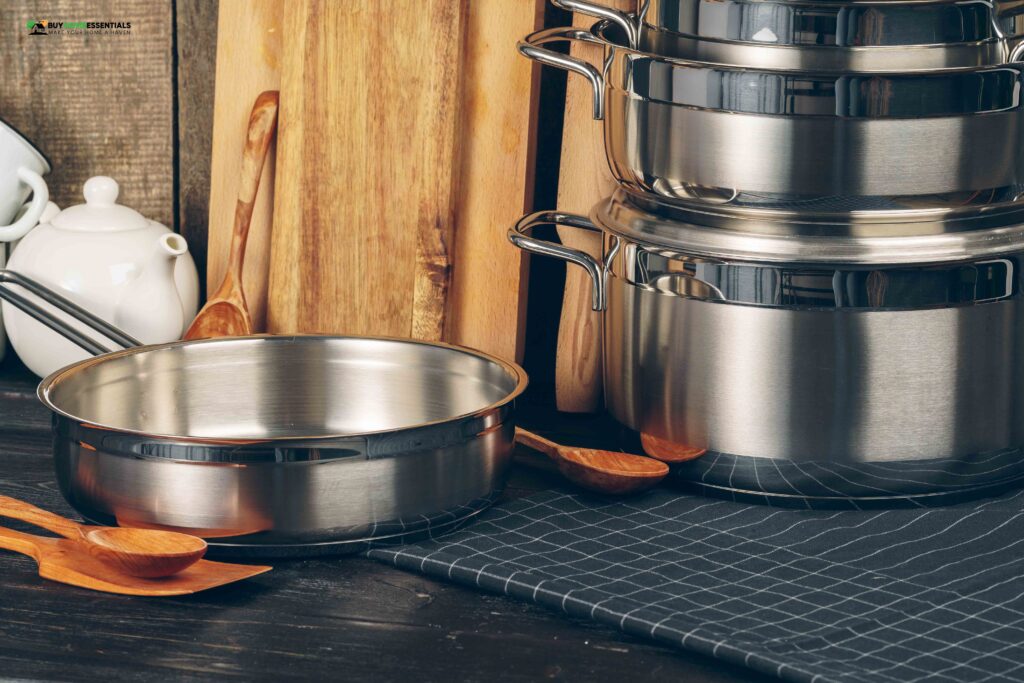 Set of stainless steel saucepans  in a kitchen